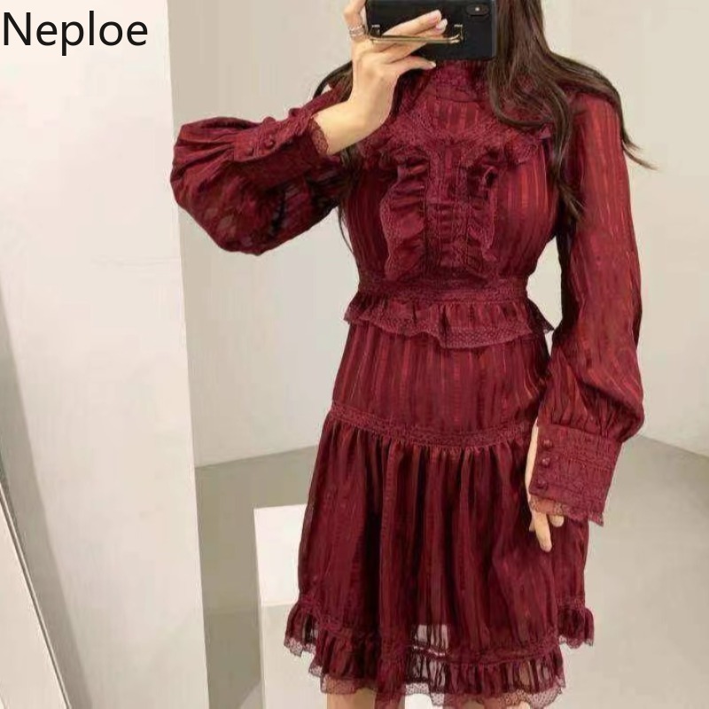 Neploe Dresses for Women Lace Ruffles Patchwork A-Line Dress Stand Neck Long Sleeve High Waist Slim Red Sweet Vestidos Mujer 210422