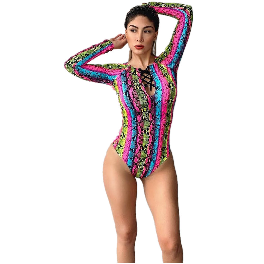 Sexy Corlorful Snake Print Swimsuit Long Sleeve Swimwear Women Lace Up Monokini Bathing Suit Beachwear Female 210520