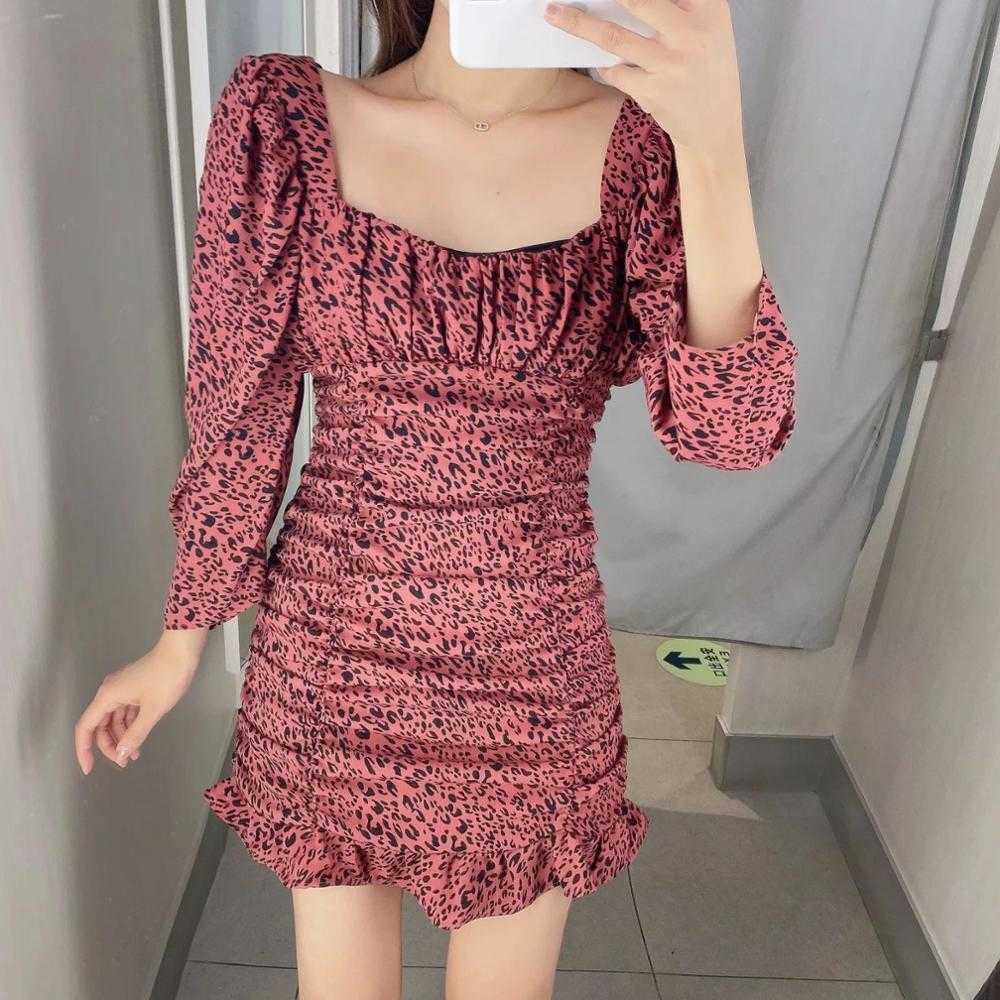 Women Dress Faux Jewelry Button Square-neck Long Sleeves Mini Dress Ruffled Hem Elegant casual vestidos femme robe 210709