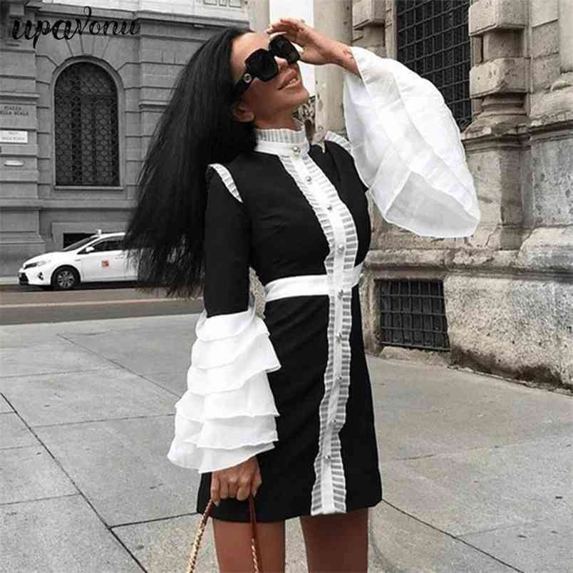 Free Elegant Women Dress Round Neck Ruffle Sleeve Single Breasted Bodycon Mini Club Party Vestidos 210524