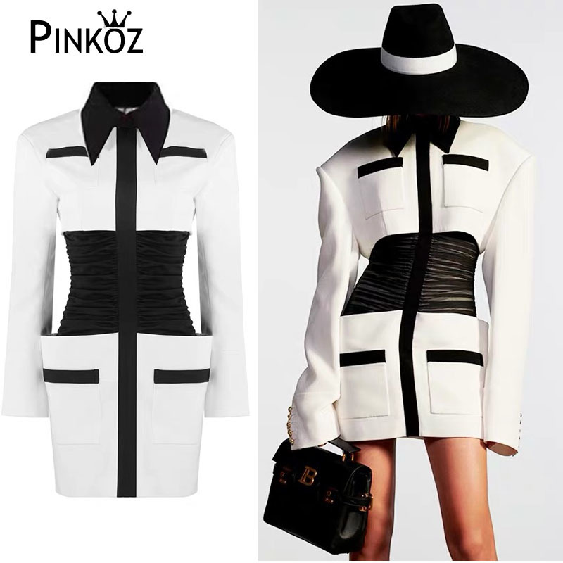runway celebrity style deaigner slim bodycon mini dress high waist patchwork white black autumn winter dresses party chic 210421