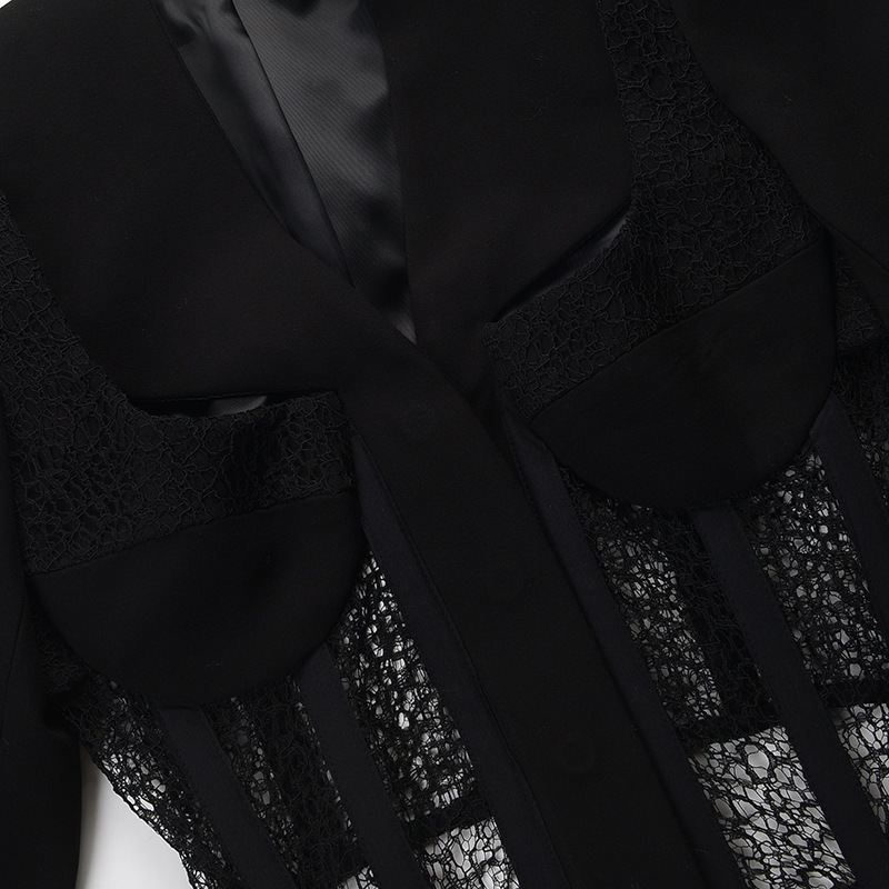 [DEAT] Nothed Collar Hollow Out Lace Patchwork Fishbone Waist Pockets Long Sleeve Black Suit Jacket For Women Spring GX427 210428