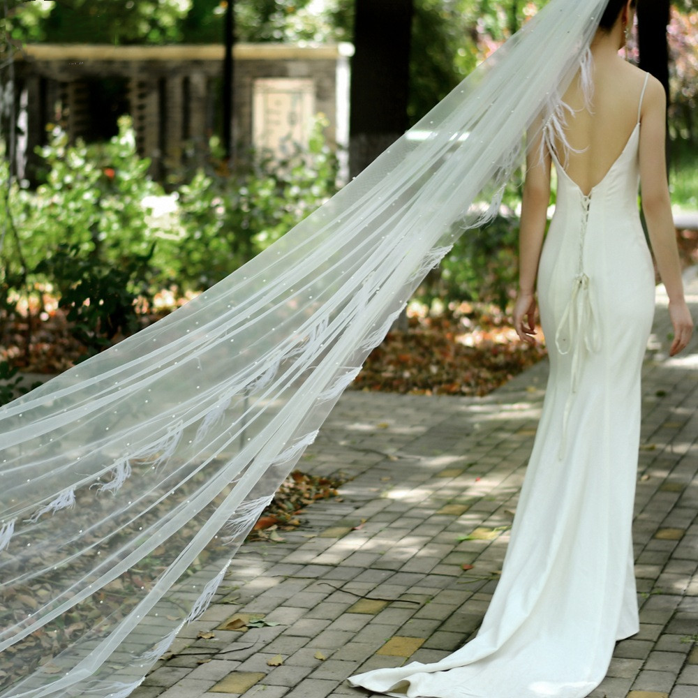 Wedding Veils Lace Appliqued Oner Layer 3 meter Custom Made Applique Race Feather Pearl Veils with Comb Bride Bridal Accessories