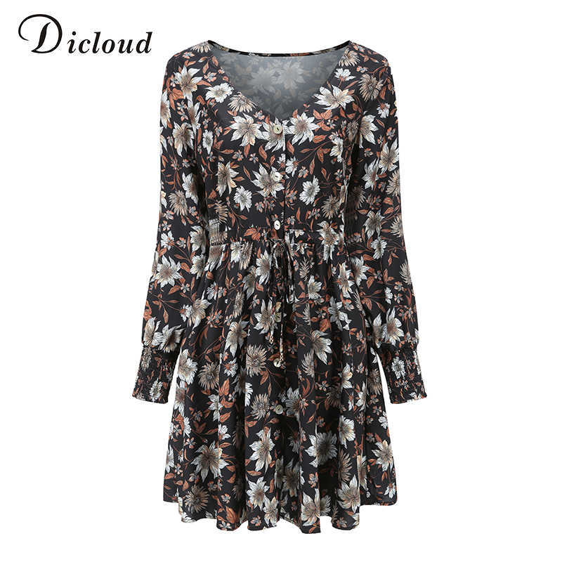 DICLOUD Women Floral Print Boho Party Dress Sexy V Neck Long Sleeve Spring Clothes With Waist Tie Elegant Day Dress 210630