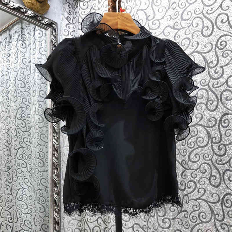 Patchwork Lace Ruffle Shirt For Women Stand Collar Short Sleeve Casual White Blouse Female Fashion Clothing 210524