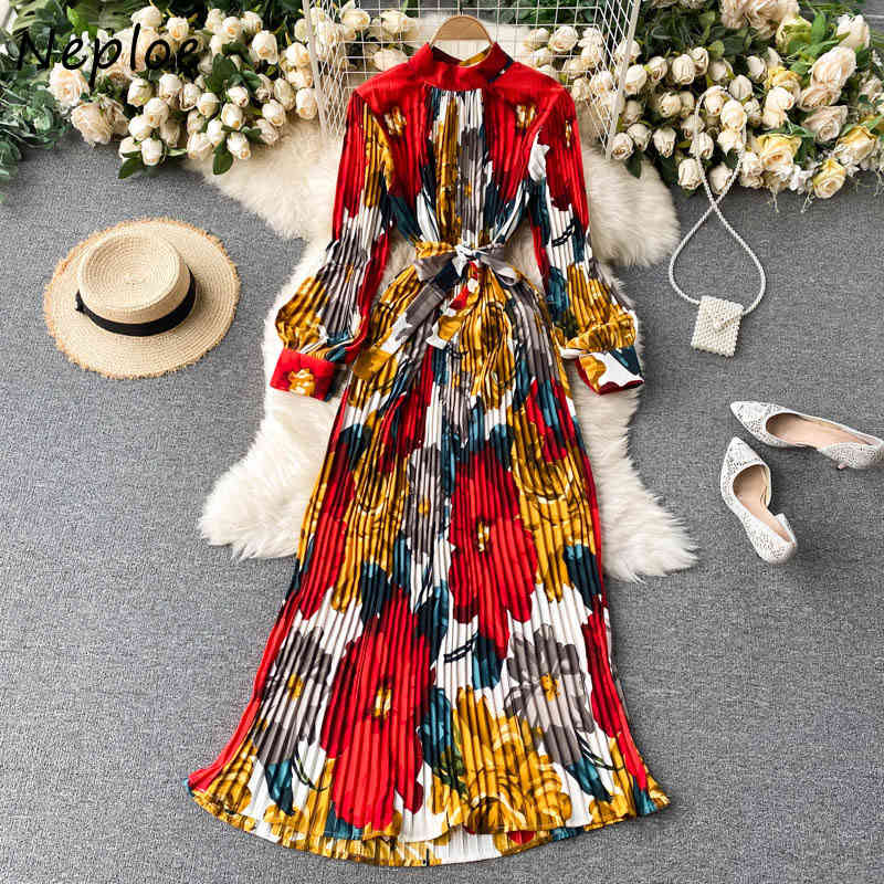 Neploe Vintage Bohemian Holiday Maxi Dress Women High Waist Hip A Line Draped Vestidos O Neck Long Sleeve Print Pleated Dresses 210422