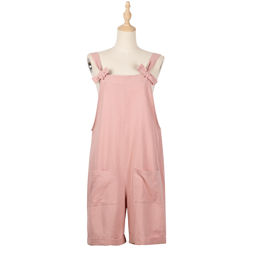 Pink Cotton Linen Romper Women Playsuits Sexy Backless Straps Bow Button Pocket Tank Jumpsuit Spring Casual Loose Short Overalls 210522