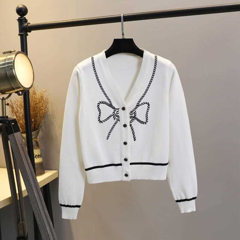 Nomikuma Bowknot Embroidery Knitted Cardigan Women Autumn New Short Knitwear Causal Long Sleeve V-neck Sweater Coat 6C540 210427