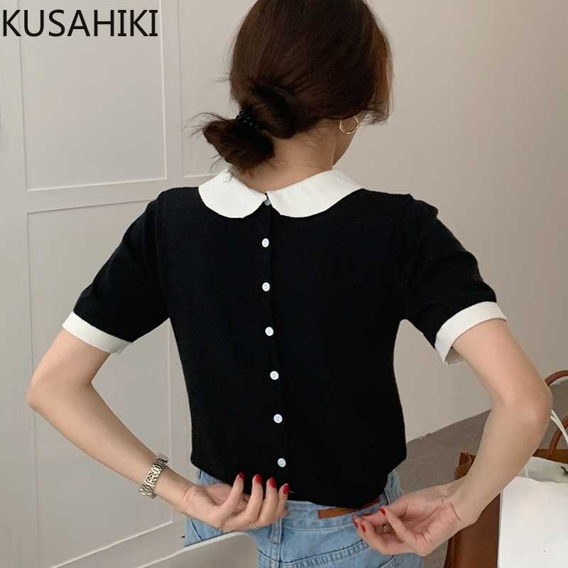Contrast Color Peter Pan Collar Sweet Knitwear Summer Chic Short Sleeve Women Causal Back Buttons Knitted Tops 6H327 210603, Black
Contrast Color Peter Pan Collar Sweet Knitwear Summer Chic Short Sleeve Women Causal Back Buttons Knitted Tops 6H327 210603, Black