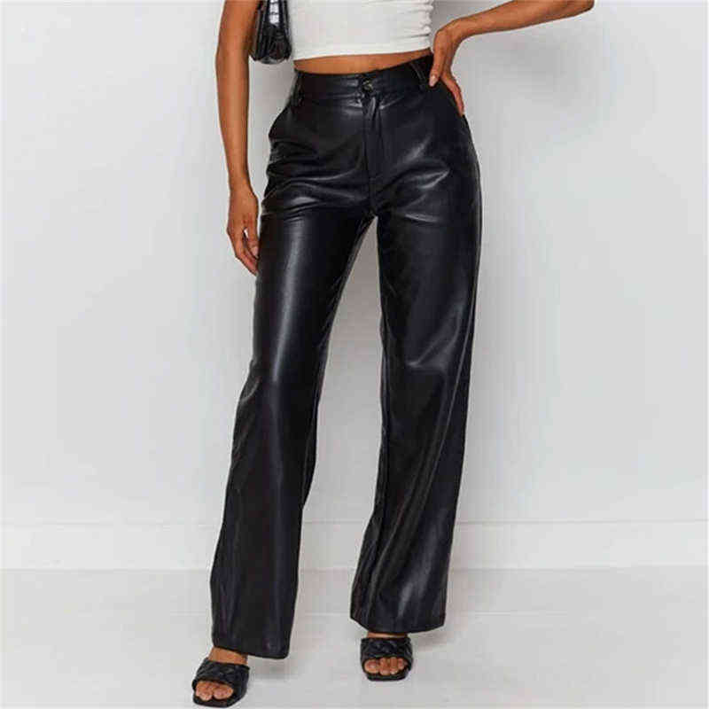 Europe High Waist Clubwear PU Leather Pants Zip Front Pockets Classic Pure Wide Legs Sexy Brown Winter Women Trousers 211115