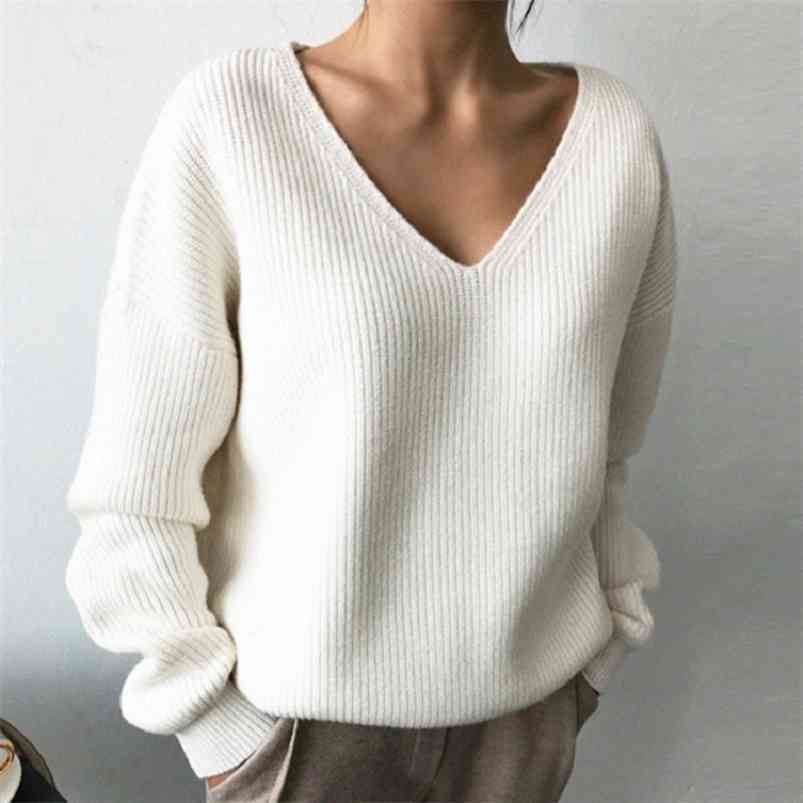 Autumn Winter Women's Sweaters V-Neck Minimalist Tops Korean Style Chic Knitted Casual Lazy Loose Sweater For Women 210521