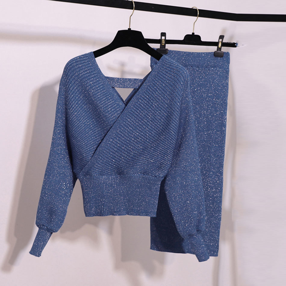 Free Women's Sweater Dress Set Sexy V-neck Bat Sleeve Pullover Knit Top & Skirt Elegant Two-piece 210524