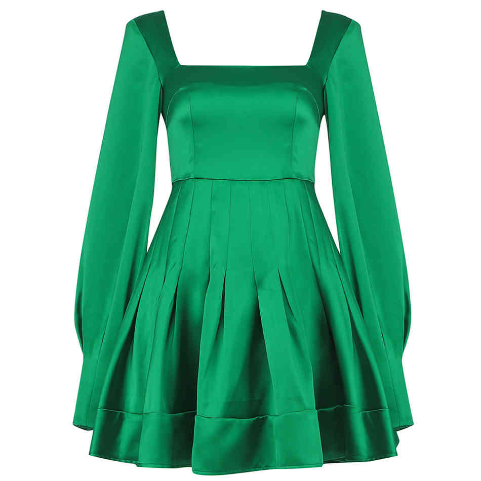 Free Chic Women's Green Mini Dress Sexy Square Neck Puff Sleeve Bodycon Draped A-line Club Party Vestido 210524