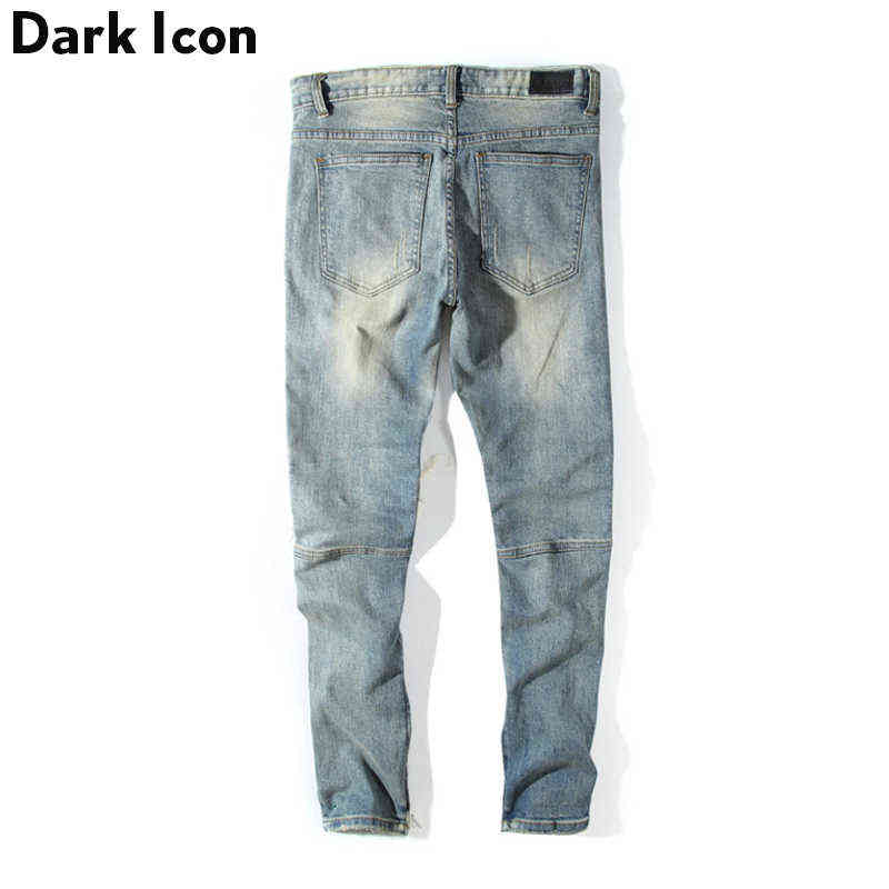 Dark Icon Pleated Knee Regular Hip Hop Jeans Men High Street Motorcycle Ankle Length Men's Denim Pants Full 211111