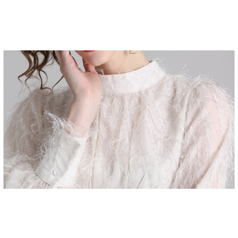 Comelsexy Summer Women's Elegant Stand Collar Lantern Sleeve Tassels Party Long Dresses Elegant Beige Feather Dress Vestido 210515