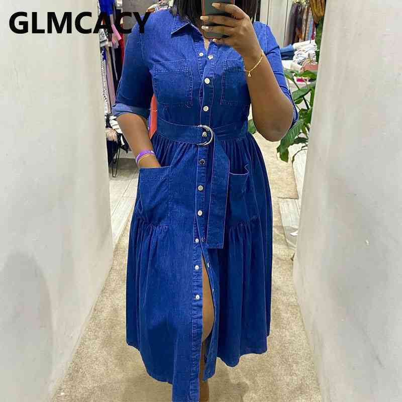 Women Turn Down Collar Button Down Denim Dress Plus Size Classy Pocket Midi Dresses 210702
