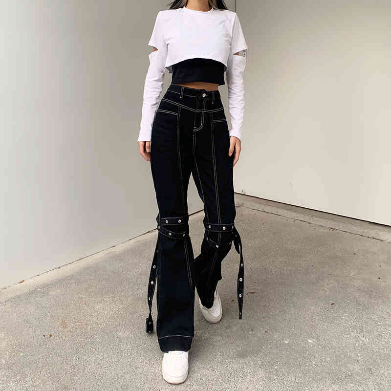 Women's Jeans Hip pop High Waist fashion Vintage Slim Denim Pants with leg belt pants trousers 210524
