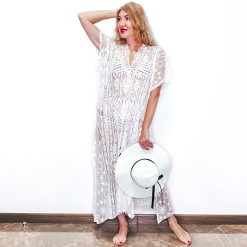 2021 Lace Beach Cover up Pareo Beachwear Swim suit Cover up Playa Pareo Tunics for Beach Swimwear Women Lace Beach Dress #Q958 210317