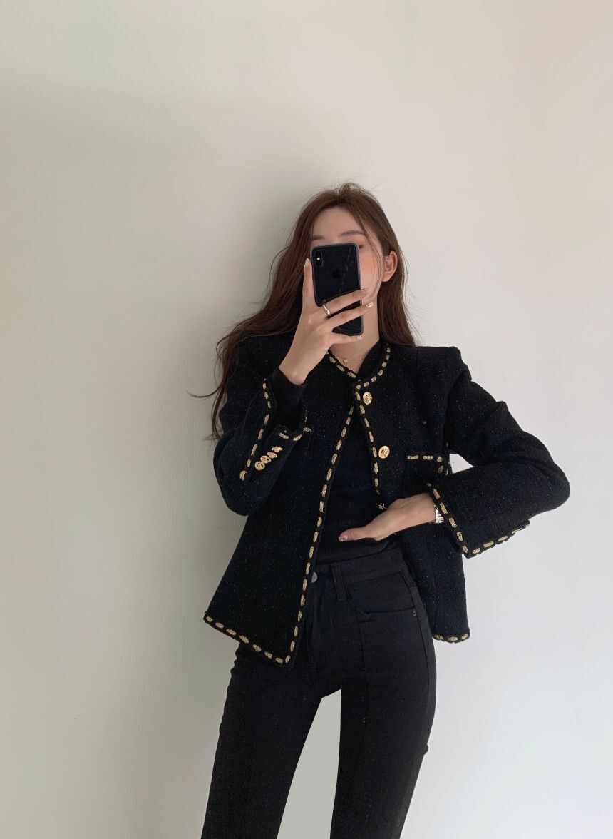 2021 Autumn new design womens o-neck long sleeve tweed woolen solid color gold buttons decoration OL fashion jacket coat