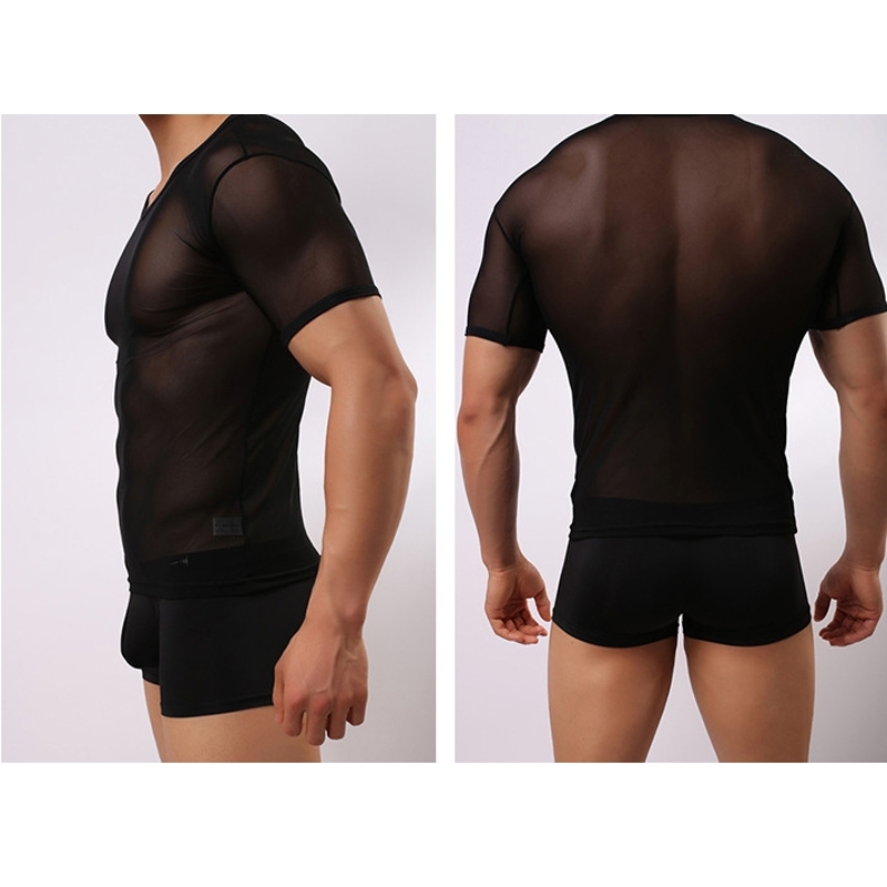 Men's Sexy Transparent Short Sleeve T-shirt Fashion See-through Underwear Shirts Men Mesh Sheer Top Understshirts Sleepwear 210629