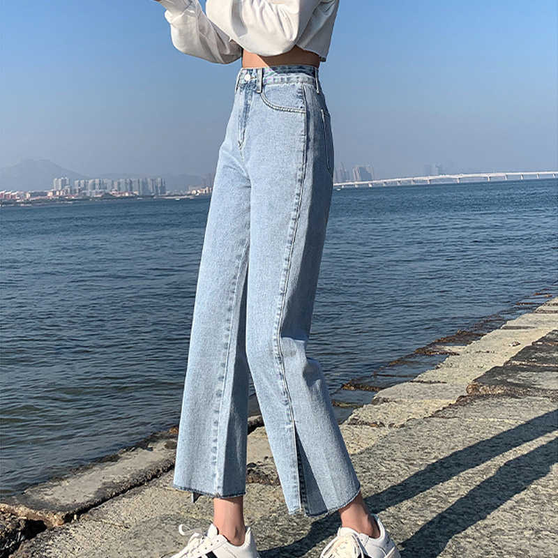 Korean High Waist Straight Jean Plus Size Vintage Boyfriend Mom Split Denim Pants Wide Leg Streetwear 210809