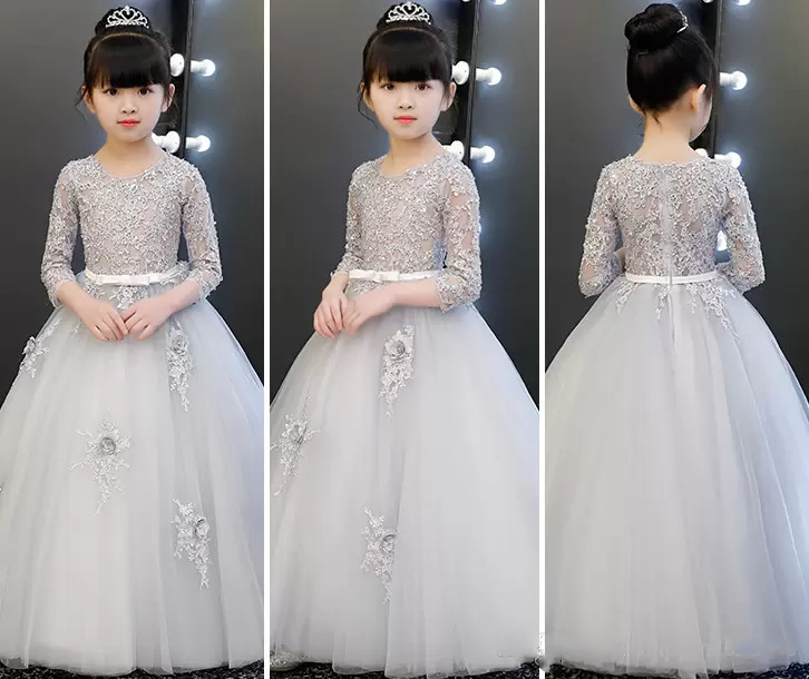 Lovely Silver 3/4 Sleeves Applique Girl's Pageant Flower Girl Dresses Princess Party Dresses Child Skirt Custom Made 2-14