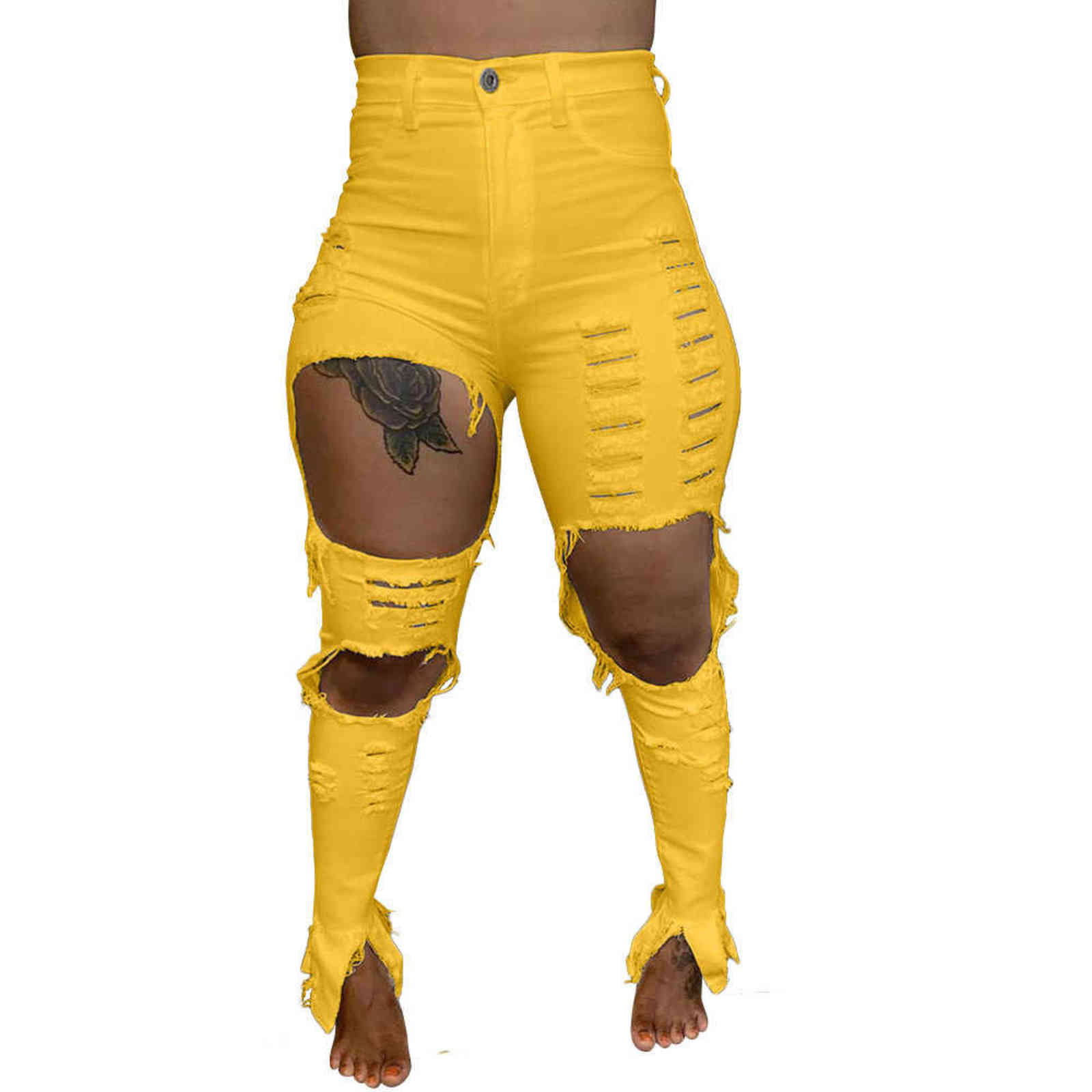 S-4XL Yellow Red Casual Skinny Ripped Jeans for Women Autumn High Waisted Plus Size Denim Pant Streetwear Elastic Hollow Trouser 211129
