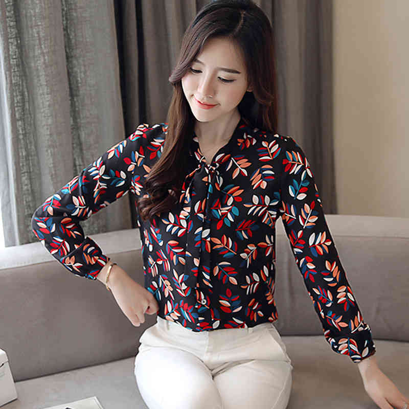 Blusas Autumn Long Sleeve Printing Chiffon Blouse Women Shirt OL Vintage Plus Size Cardigan Tops 7046 50 210427