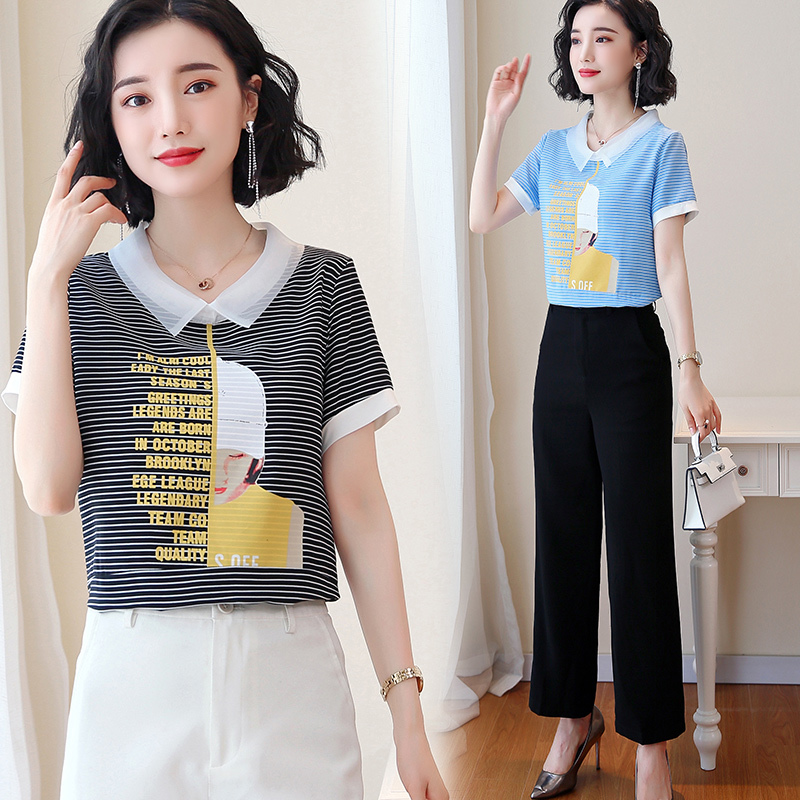 plus size women blouses blusas mujer de moda Peter panCollar Regular short sleeve Striped Chiffon shirt 5435 50 210427