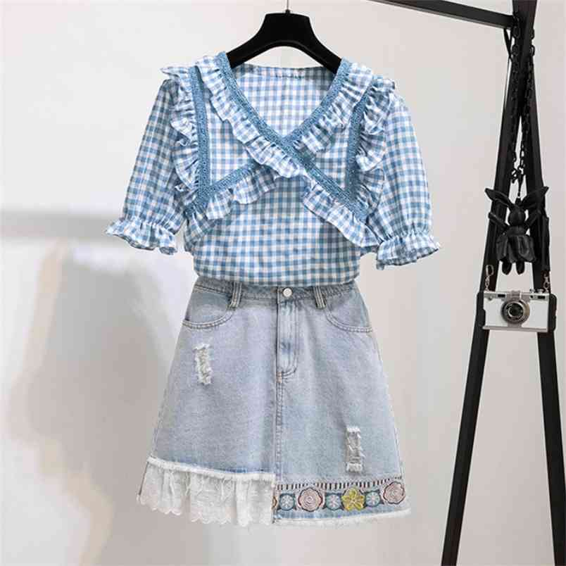 Korean Summer 2 Piece Set Fashion Plaid Ruffles Embroidery T-Shirt V-Neck Shirt Top + High Waist Denim Mini Skirts Suit 210519