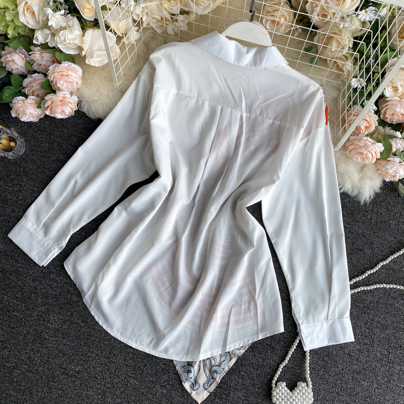 New Women Blouse White Collar Ladies Irregular Stitching Color Contrast Long Sleeves Urban Shirt Female Casual Long Tops 210317