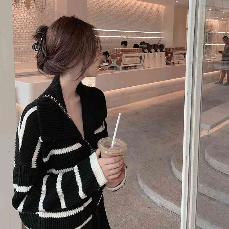 Short Casual Jumpers Long Sleeve Sailor Collar Cardigan Jacket Women Autumn Loose Striped Knitted Sweater Pull Japan Style Wild 210429