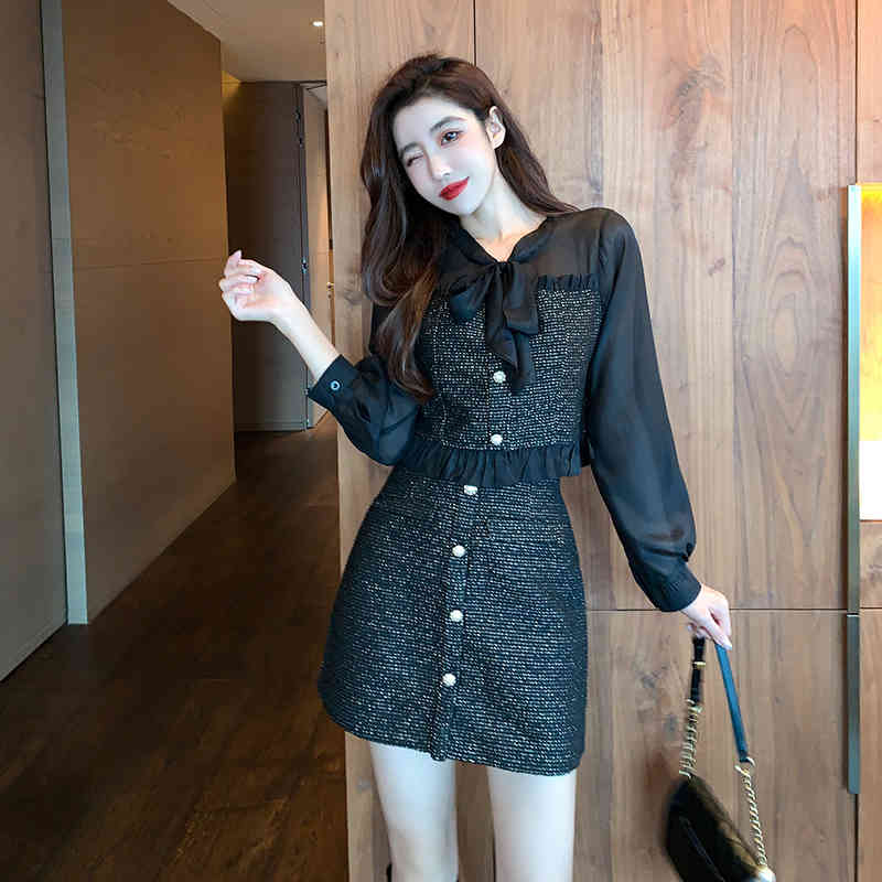 Autumn Elegant Women 2 Piece Sets Sweet Bow Chiffon Patchwork Tweed Shirt Top + Mini Skirt Suit 210518