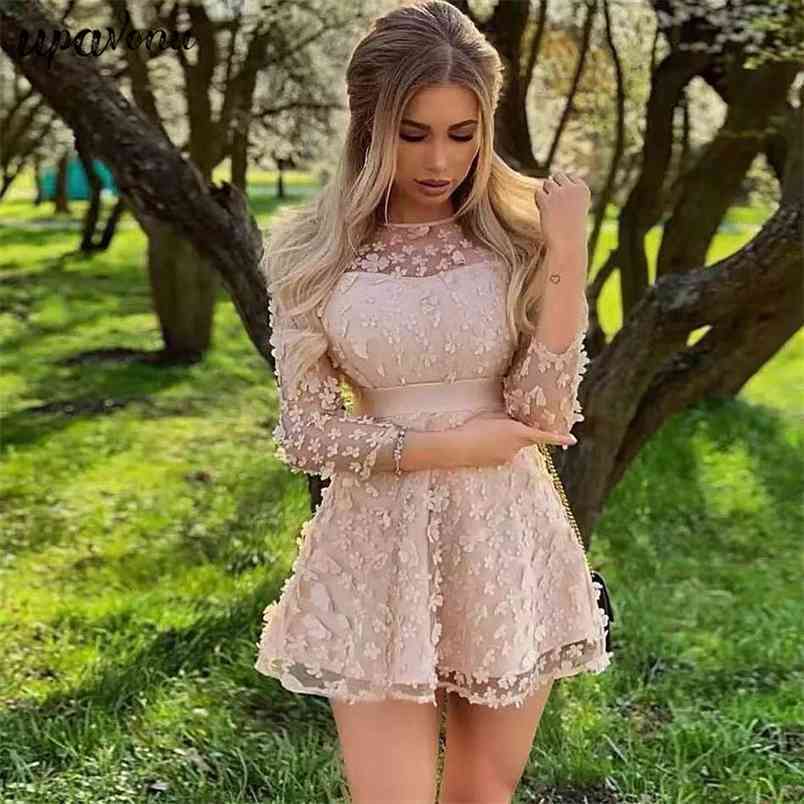 Spring Fashion Christmas Women'S Elegant A Word Mini Sexy Long-Sleeved Flower Dress Vestidos Celebrity Banquet 210524