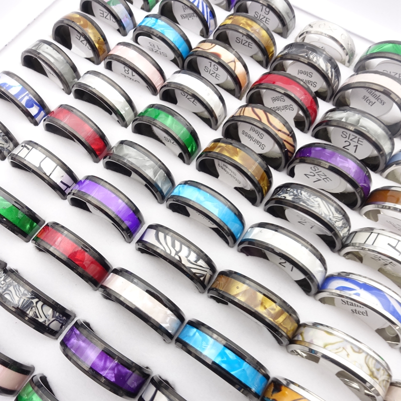 Whole 50PCsLot Stainless Steel Band Rings For Men Women 8mm Shell Mix Patterns Silver Black Plated Fashion Jewelry Party Gift