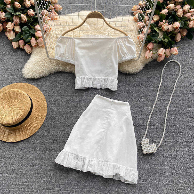 DEAT Women Skirt Slash Neck Ruffles Bandage Short Two Piece Set Fashion Temperament Spring Summer 11D337 210709