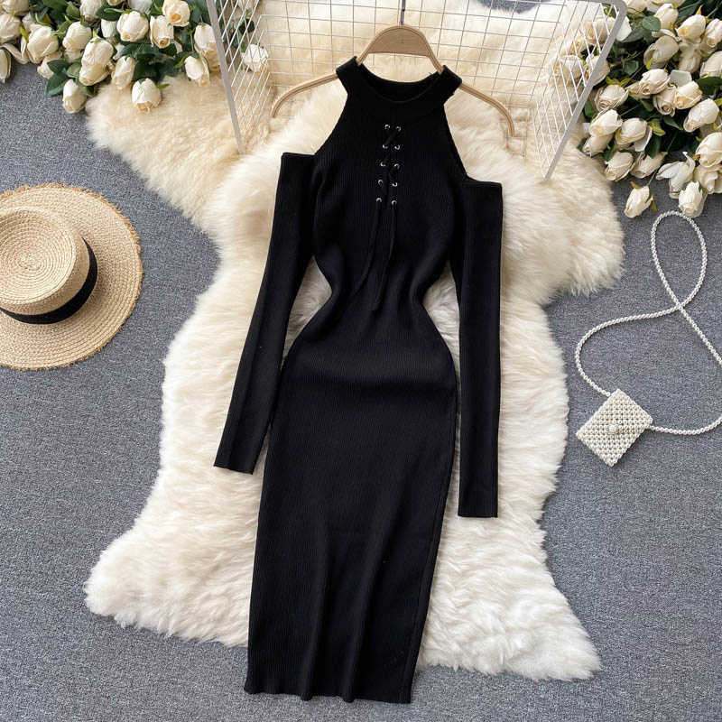 DEAT Women Knitting Dress Round Neck Long Sleeve Arrivals Lady Sexy Hollow Out Fashion Spring Autumn 11D 210709