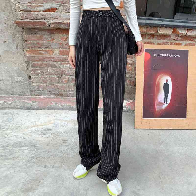 Loose Black Oversize High Waist Striped Tailored Trousers Women Chic Khaki Straight Wide Leg Pants Streetwear Retro Pantalones 210429
