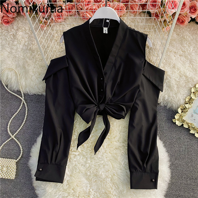 Nomikuma V-neck Strapless Long Sleeve Blouse Tops Women Spring Short Blusas Korean Bow Bandage Sweet Fashion Shirt 6F136 210427