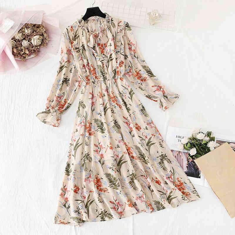 Women Elegant Long Dress Floral Print Bow Lotus Leaf Collar Lady Office Dress Vintage Long Sleeve Chiffon Dress Vestidos 210521