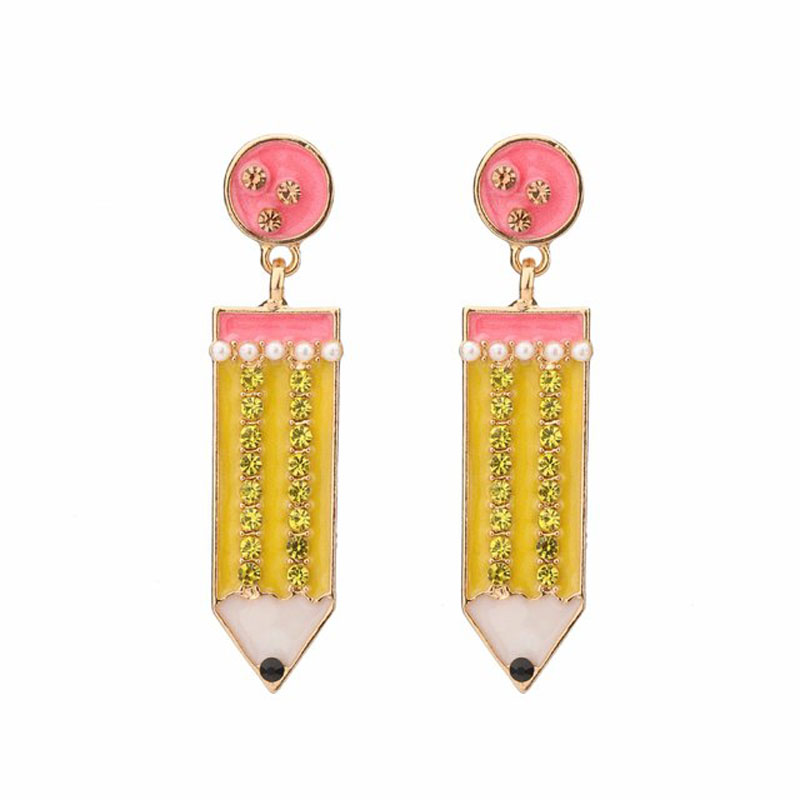 Fashion Back to school season Pencil Dangle Earrings Women Girls 6 Colors Sweet Korean Style Rhinestone Earring Gift for Teacher Students
