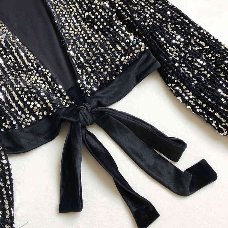 Gagarich Women Chic Blouses Korean New Shinny Sequins O Neck Long Sleeve Tops Ladies Sexy Bow Lace Up Backless Short Shirts 210323