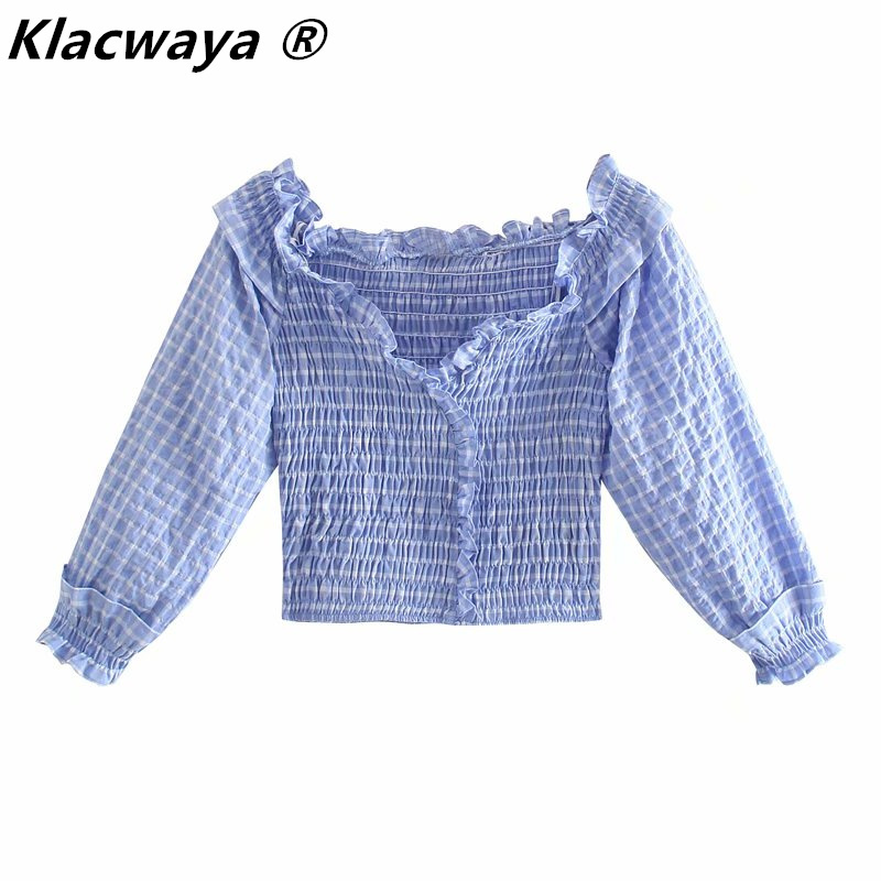 Za Women Blouse Textured Blue Plaid Off Shoulder Crop Top Woman Elastic Ruffle Ruched Long Sleeve Summer Blouses 210521, White
Za Women Blouse Textured Blue Plaid Off Shoulder Crop Top Woman Elastic Ruffle Ruched Long Sleeve Summer Blouses 210521, White
