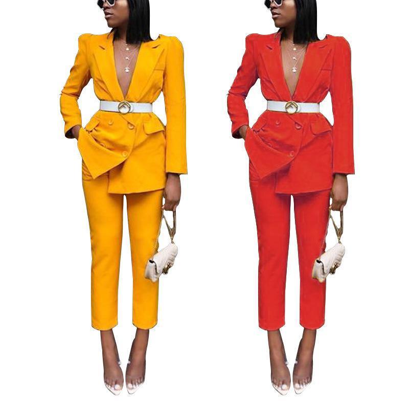 Women Set Notched Double Breasted Blazer Pants Suit s Office s s Pant Autumn Winter 210513