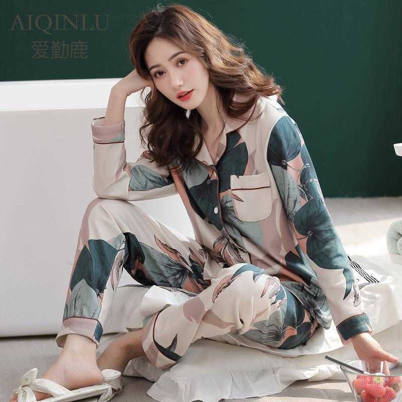Autumn Winter Sleepwear 2 Piece Sets For Women's Cotton Pajamas Turn-down Collar Homewear Large Size Pijama Pyjama Plus Size 210924