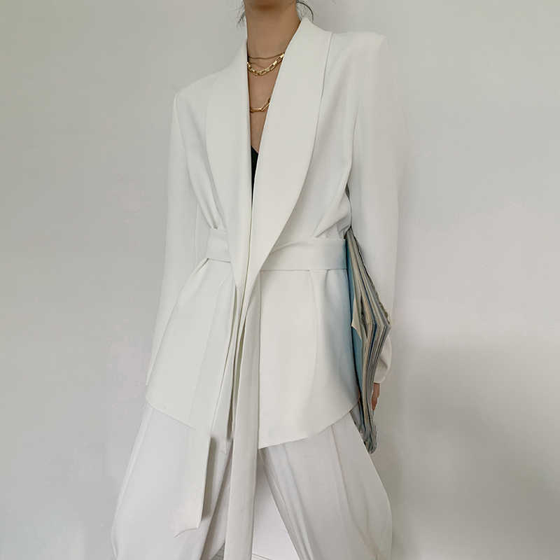 [EWQ] Coat High Waist Pants Legs Adjustable Pants Female Casual Set Women Set Lapel Collar Long Sleeve Loose Belt Blazer 211007