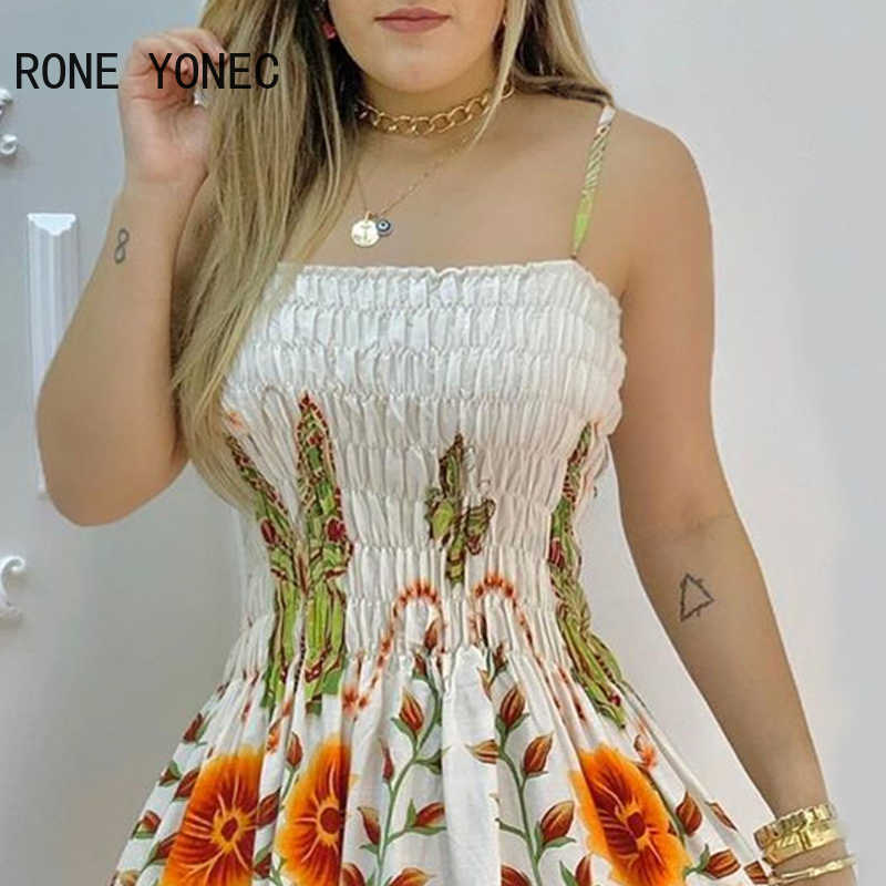 Women Elegant Dress Floral Print Spaghetti Strap Shirred Dress Casual Summer Mini Dress 210630