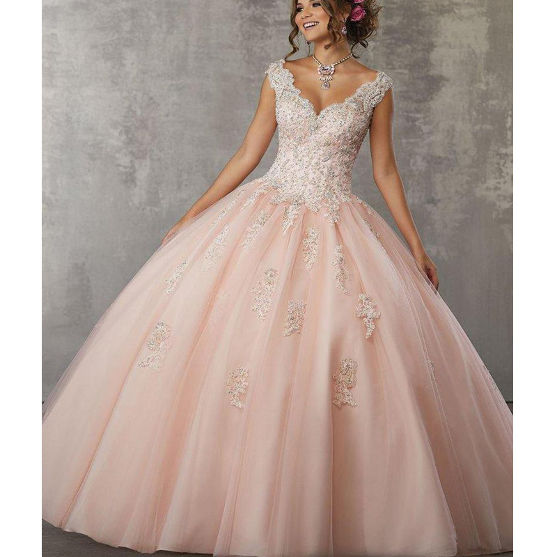 Quinceaneara Dresses Double Straps V Neck Ball Gown vestidos de quinceanera Keyhole Back sweet 16 Floor Length