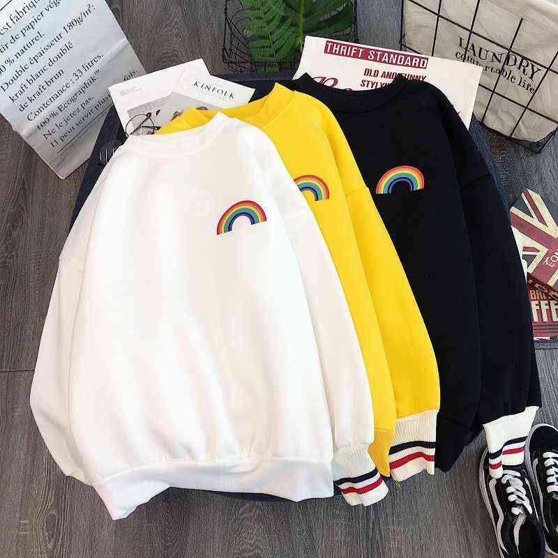 winter Rainbow embroidery fleece Hoodies Women korean Kawaii Sweatshirts Usagi 90s Aesthetic oversized hoodie girls Streetwear 211109