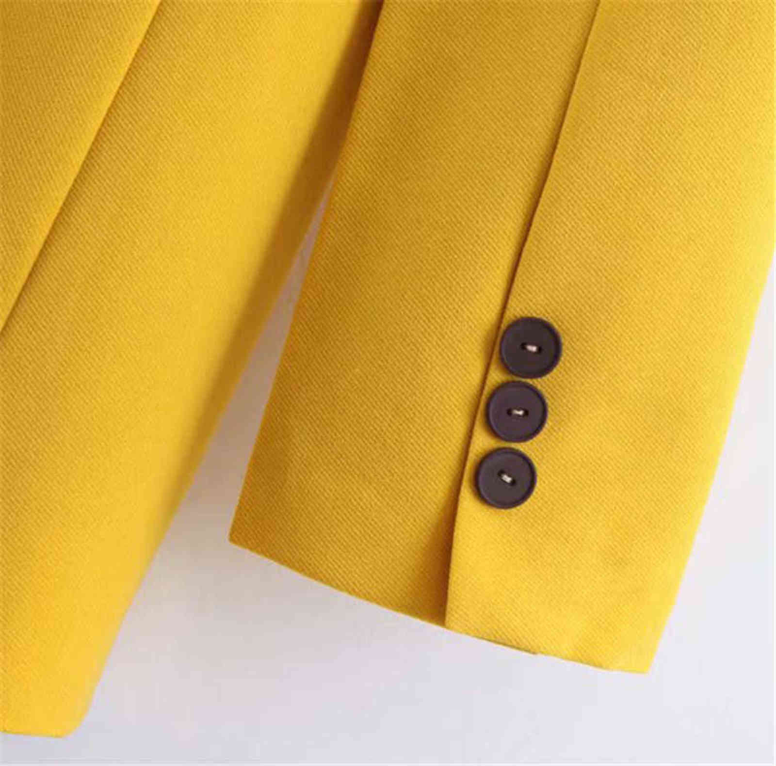 Women Elegant Yellow Blazers and Jackets Pockets Double Breasted Outerwear Office Lady Work Wear Chic Tops Suits Coat 211122